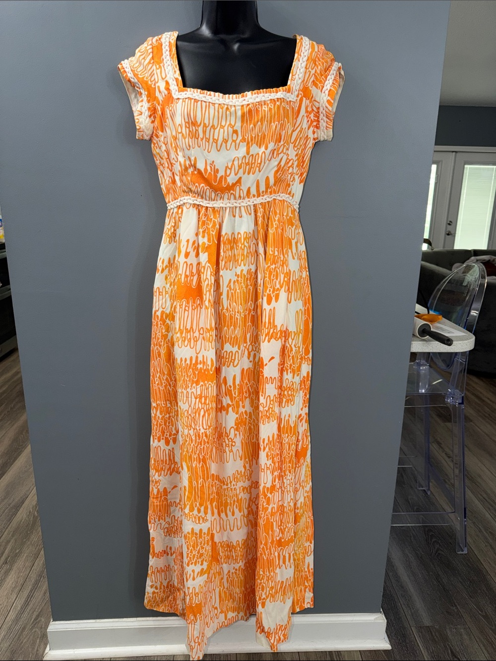 Handmade Vintage bold Orange And white graphic print. Maxi Dress.